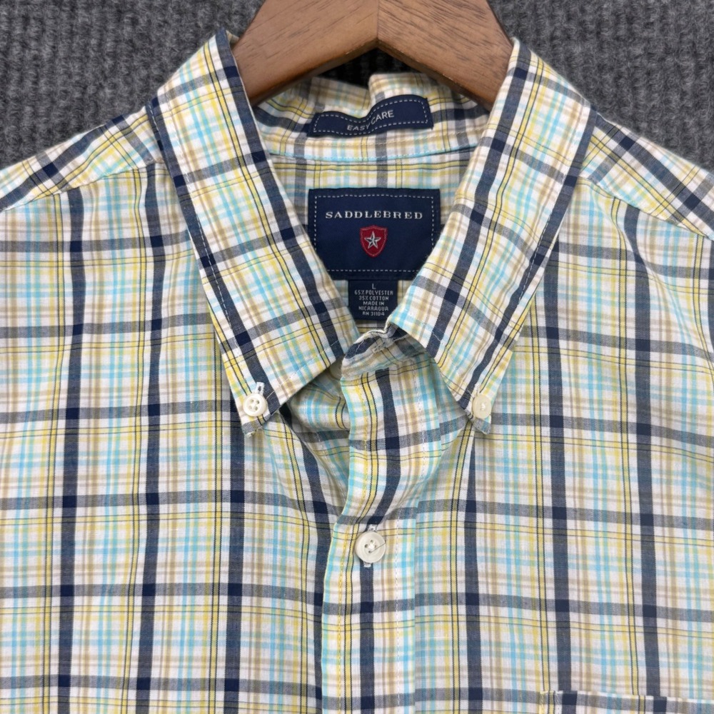 Saddlebred Button Down Shirt Mens L Yellow Blue Plaid Excellent Short Sleeve